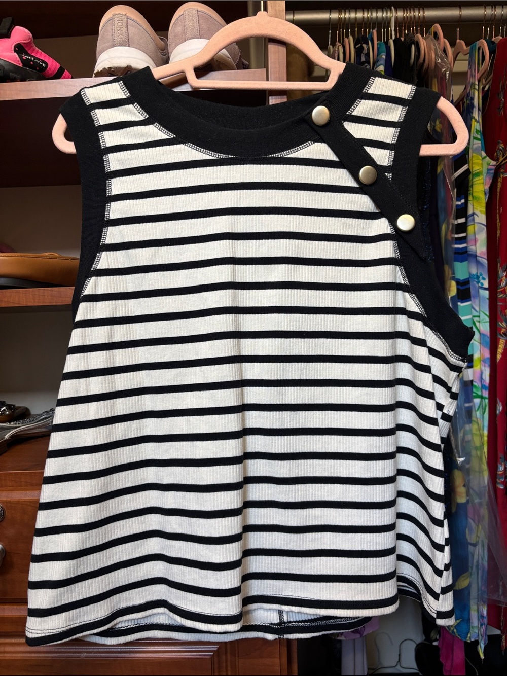 Who What Wear Black & White Striped Tank with Shoulder Buttons